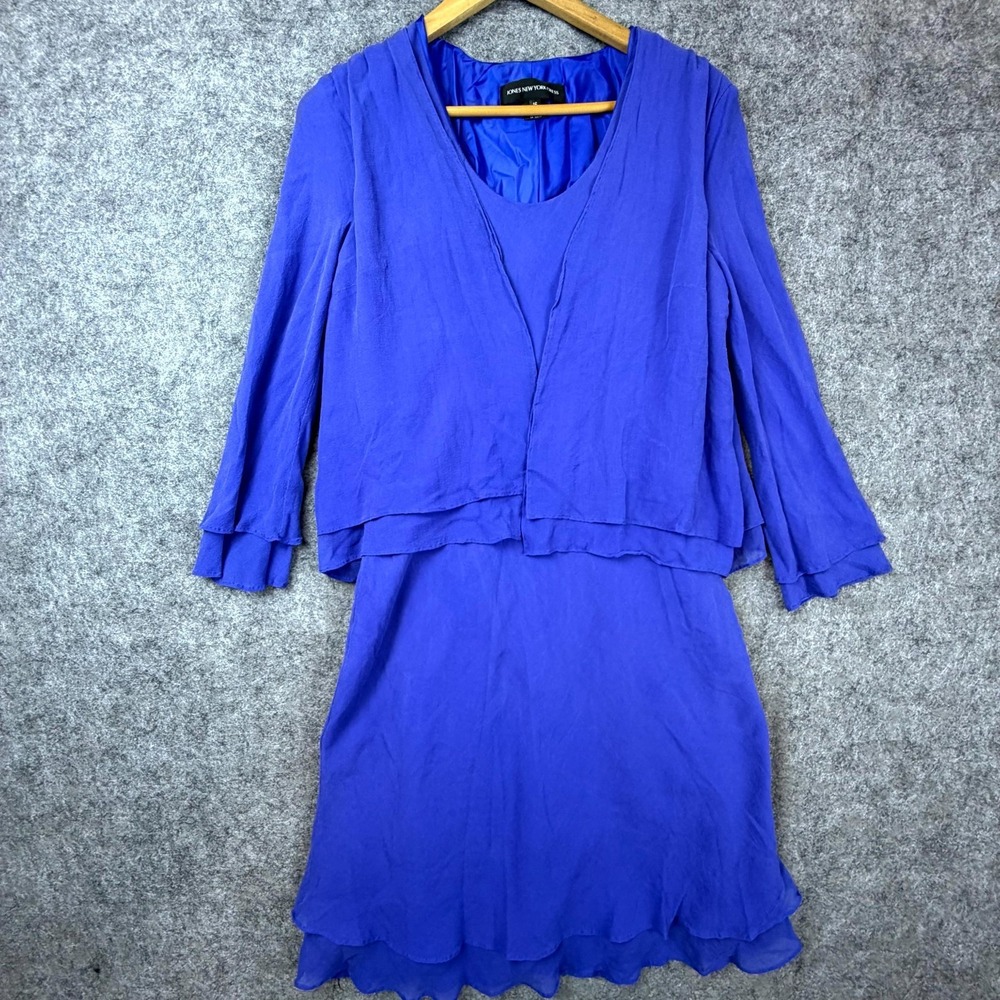 Jones New York A Line Dress Womens 16 Blue 100% Silk MOB Flowy Cocktail Formal